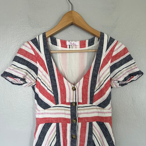 Parker Red White Blue Kacey Mini Dress Size 00 Linen Rayon Pockets Lined Buttons - Picture 5 of 10